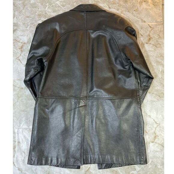 Vintage Leather Coat Jacket Black Knee Length Button Front Career - Picture 2 of 11